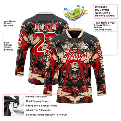 Custom Black Red City Cream-White 3D Pattern Abstract Grunge Hockey Lace Neck Jersey