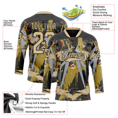 Custom Black Vegas Gold-Gray 3D Pattern Abstract Hockey Lace Neck Jersey