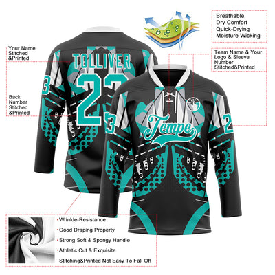 Custom Black Aqua-White 3D Pattern Abstract Hockey Lace Neck Jersey
