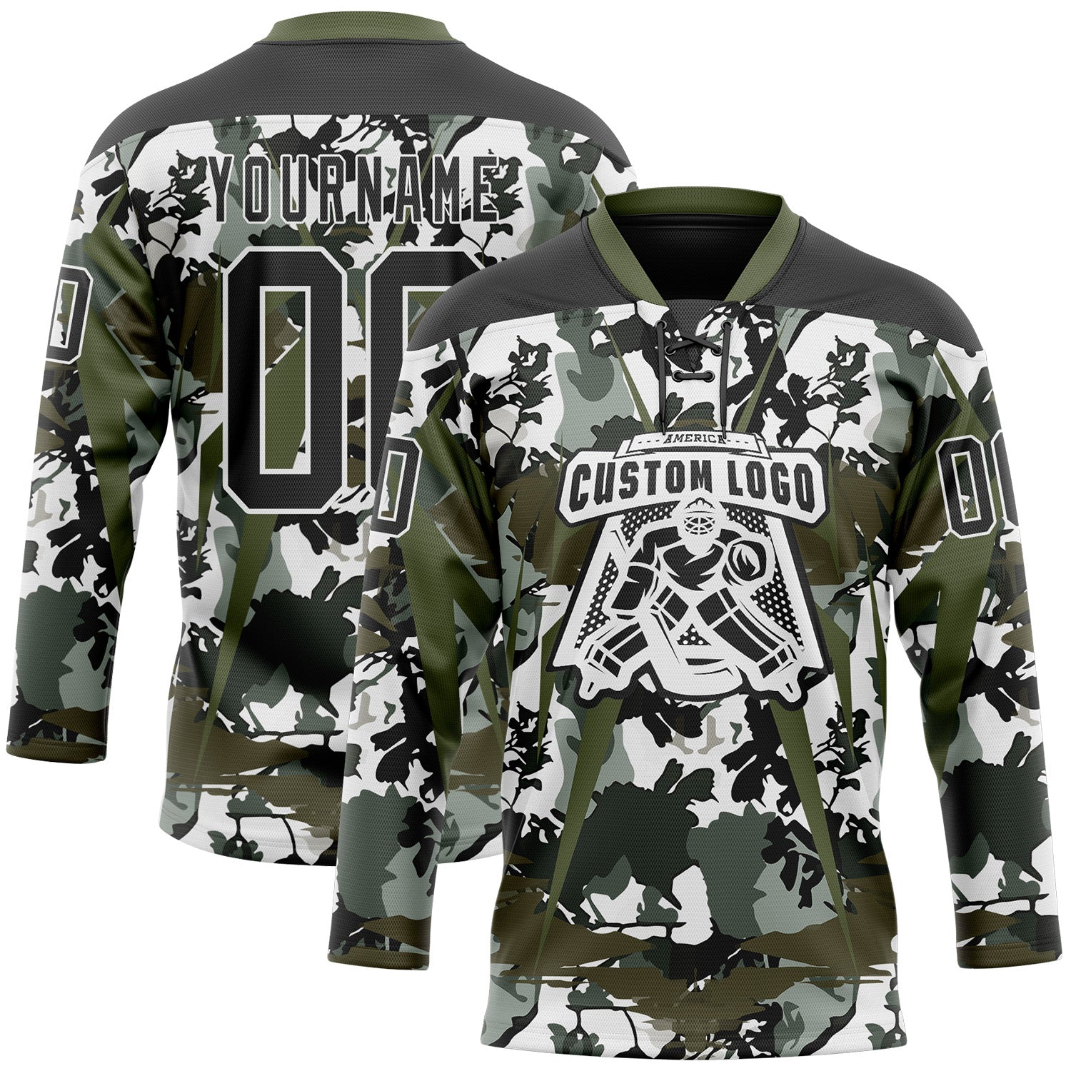 Custom Black Olive-White 3D Pattern Abstract Camo Hockey Lace Neck Jersey
