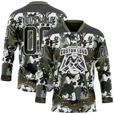Custom Black Olive-White 3D Pattern Abstract Camo Hockey Lace Neck Jersey