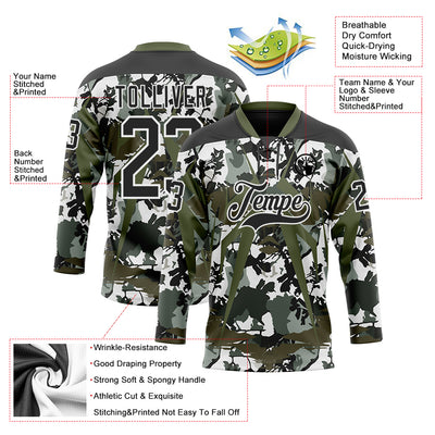 Custom Black Olive-White 3D Pattern Abstract Camo Hockey Lace Neck Jersey