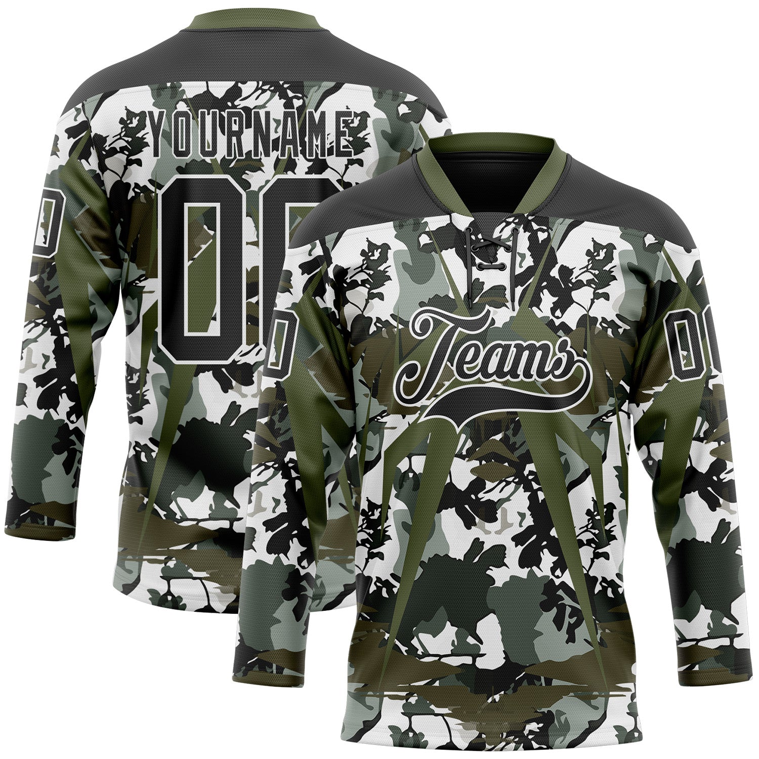 Custom Black Olive-White 3D Pattern Abstract Camo Hockey Lace Neck Jersey
