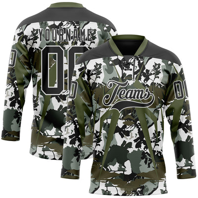 Custom Black Olive-White 3D Pattern Abstract Camo Hockey Lace Neck Jersey