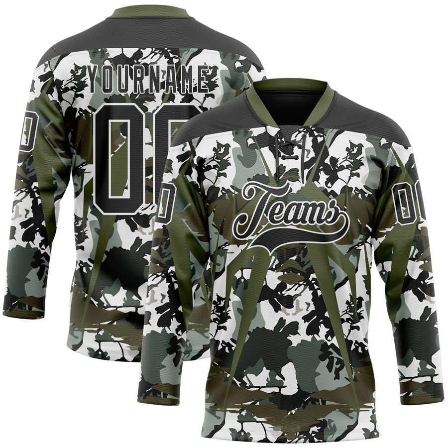 Custom Black Olive-White 3D Pattern Abstract Camo Hockey Lace Neck Jersey