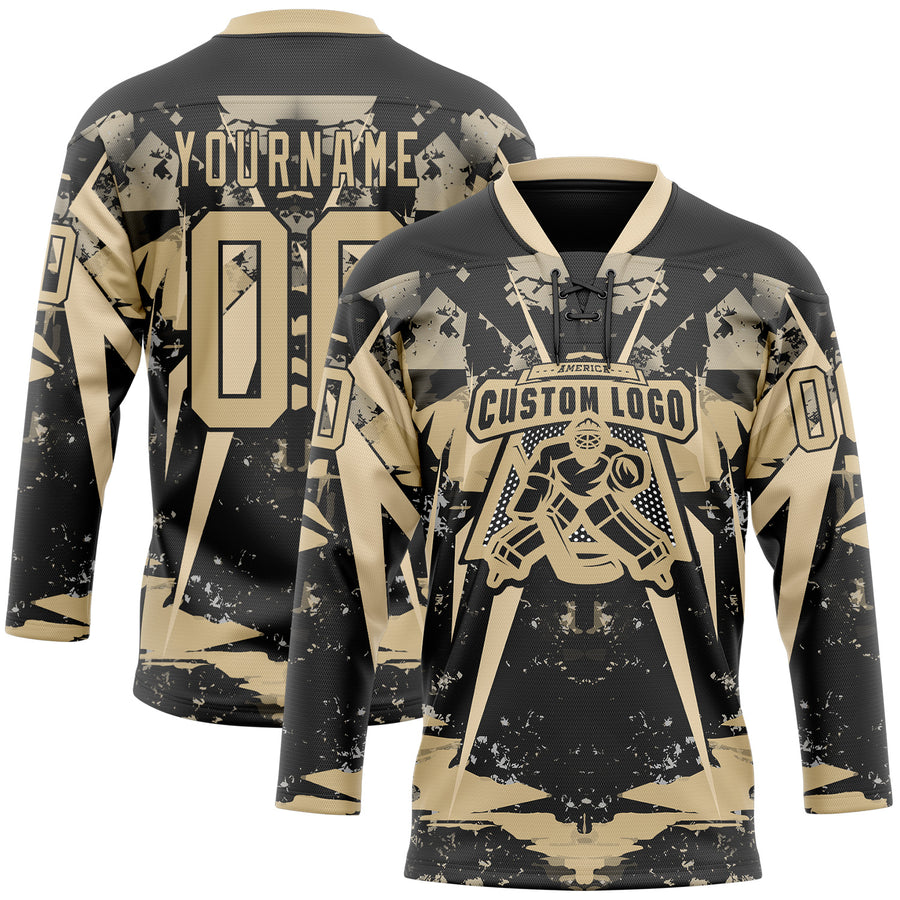 Custom Black Vegas Gold 3D Pattern Abstract Grunge Hockey Lace Neck Jersey