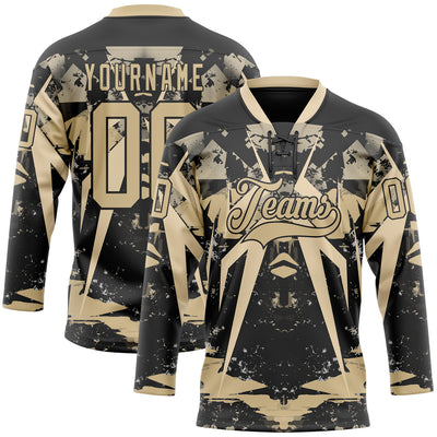 Custom Black Vegas Gold 3D Pattern Abstract Grunge Hockey Lace Neck Jersey