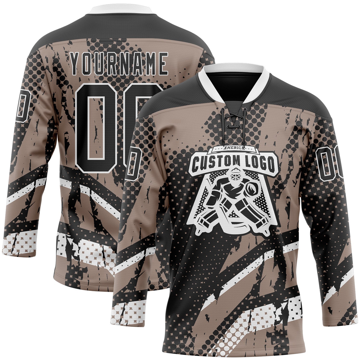 Custom Black Brown-White 3D Pattern Abstract Hockey Lace Neck Jersey