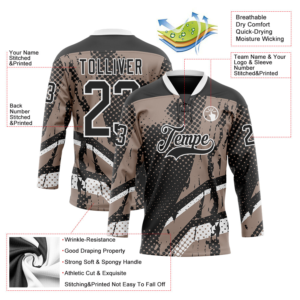 Custom Black Brown-White 3D Pattern Abstract Hockey Lace Neck Jersey
