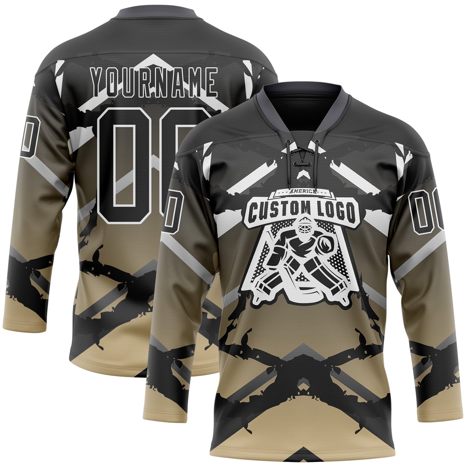 Custom Gray Black Vegas Gold-White 3D Pattern Abstract Gradient Hockey Lace Neck Jersey