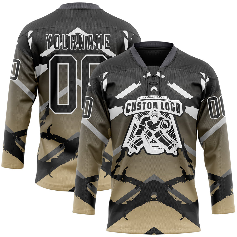 Custom Gray Black Vegas Gold-White 3D Pattern Abstract Gradient Hockey Lace Neck Jersey