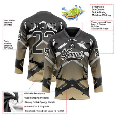 Custom Gray Black Vegas Gold-White 3D Pattern Abstract Gradient Hockey Lace Neck Jersey