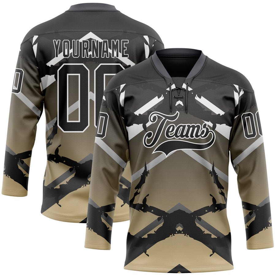 Custom Gray Black Vegas Gold-White 3D Pattern Abstract Gradient Hockey Lace Neck Jersey