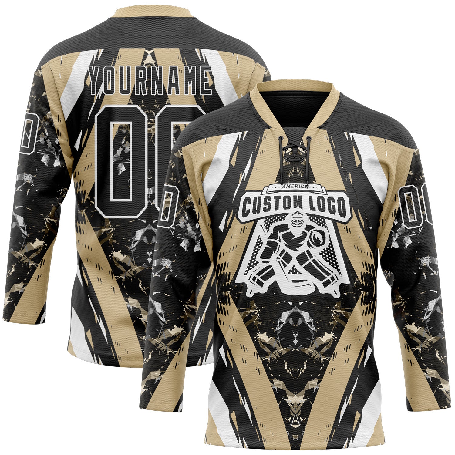 Custom Black Vegas Gold-White 3D Pattern Abstract Grunge Hockey Lace Neck Jersey