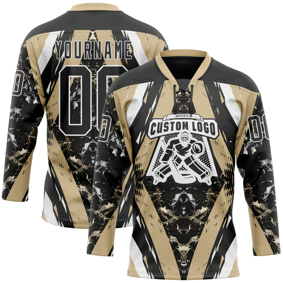Custom Black Vegas Gold-White 3D Pattern Abstract Grunge Hockey Lace Neck Jersey