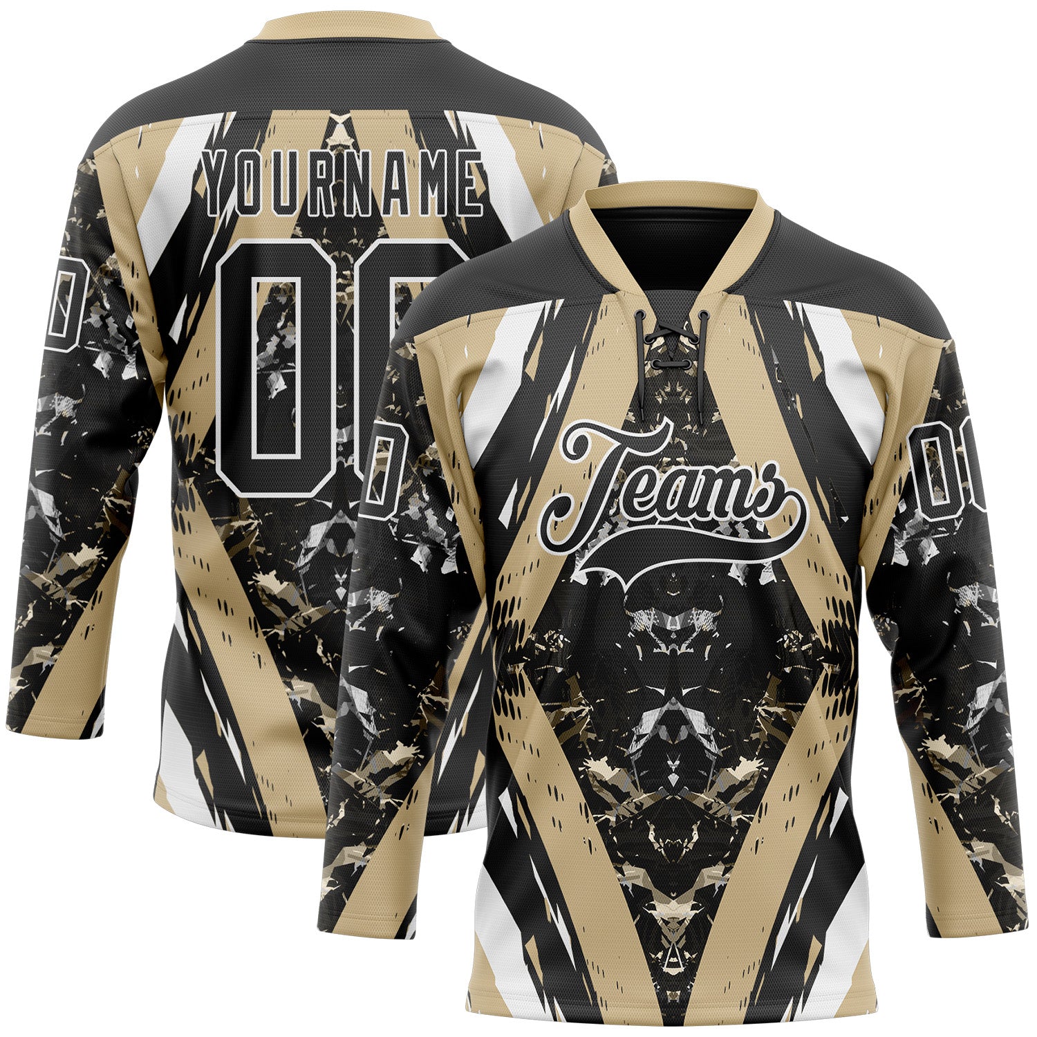 Custom Black Vegas Gold-White 3D Pattern Abstract Grunge Hockey Lace Neck Jersey