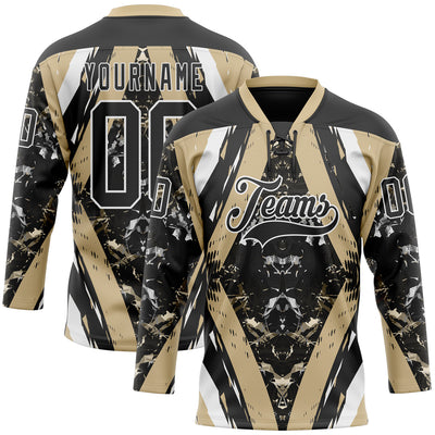 Custom Black Vegas Gold-White 3D Pattern Abstract Grunge Hockey Lace Neck Jersey