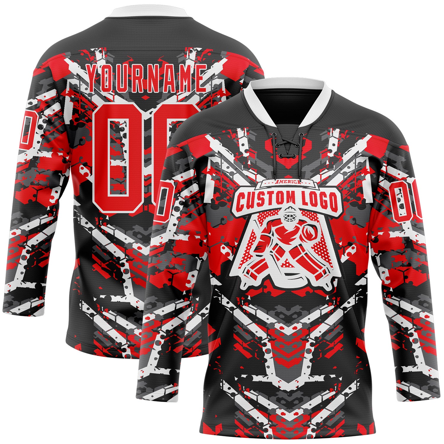 Custom Black Fire Red-White 3D Pattern Abstract Grunge Hockey Lace Neck Jersey
