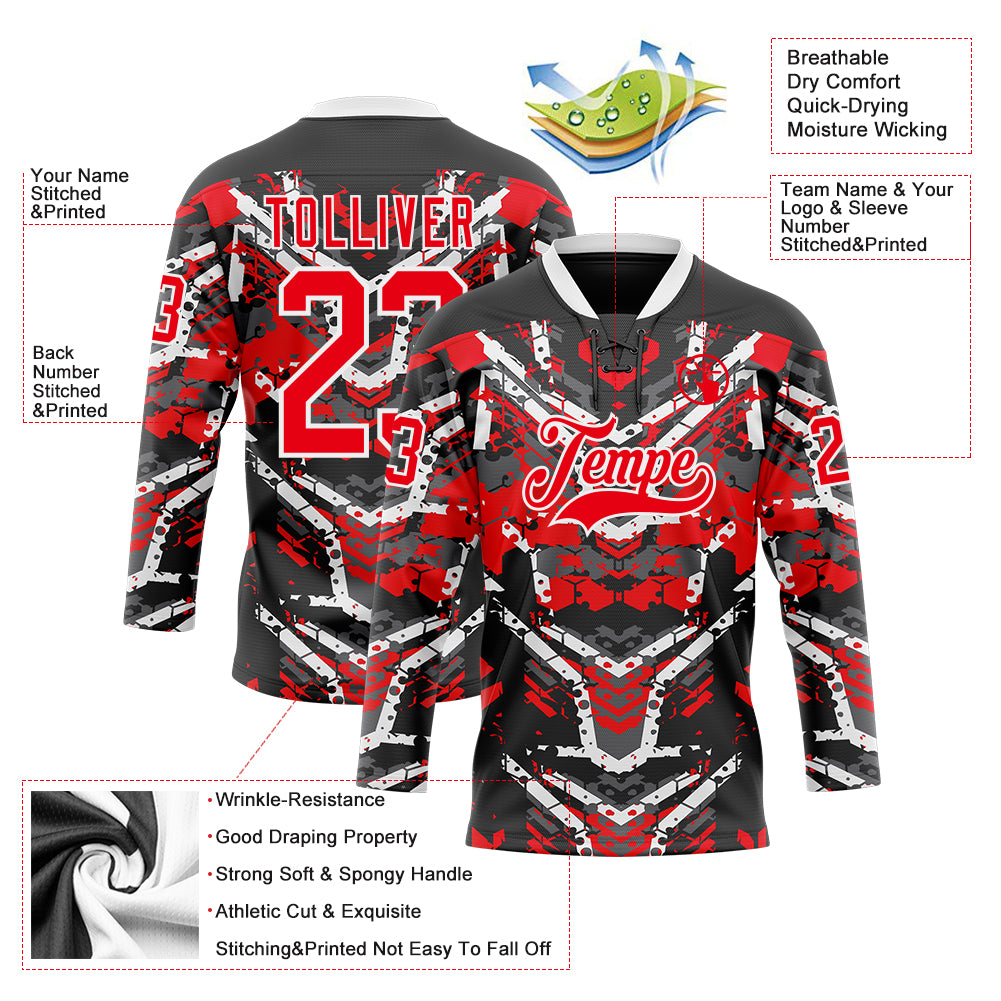 Custom Black Fire Red-White 3D Pattern Abstract Grunge Hockey Lace Neck Jersey