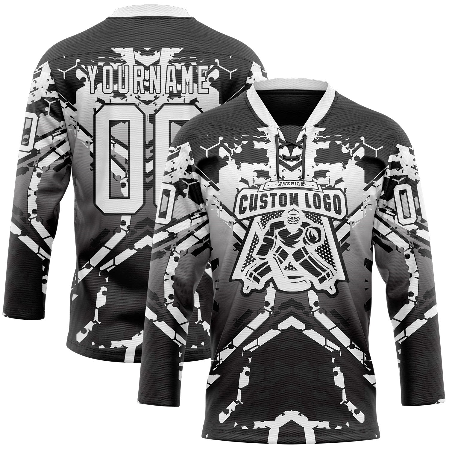 Custom Black White-Gray 3D Pattern Abstract Gradient Hockey Lace Neck Jersey