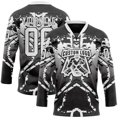 Custom Black White-Gray 3D Pattern Abstract Gradient Hockey Lace Neck Jersey