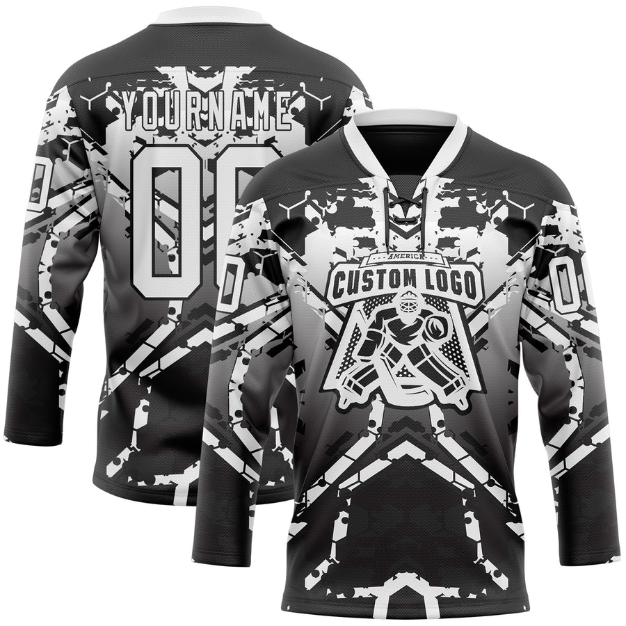 Custom Black White-Gray 3D Pattern Abstract Gradient Hockey Lace Neck Jersey