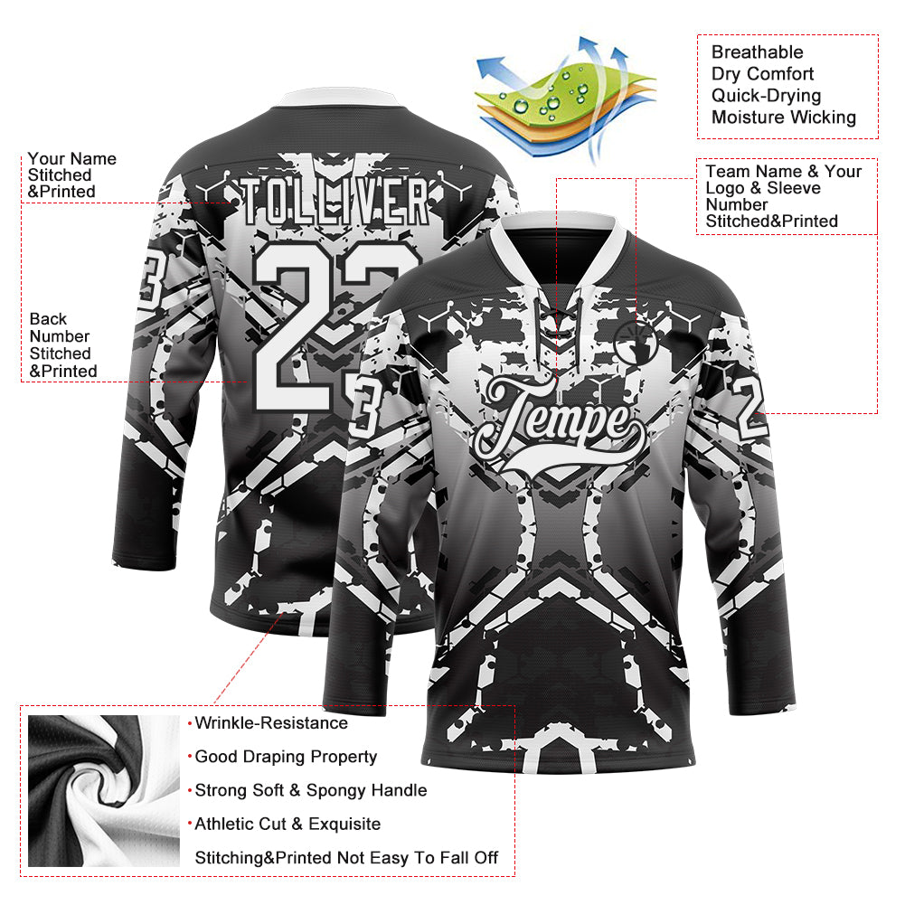 Custom Black White-Gray 3D Pattern Abstract Gradient Hockey Lace Neck Jersey