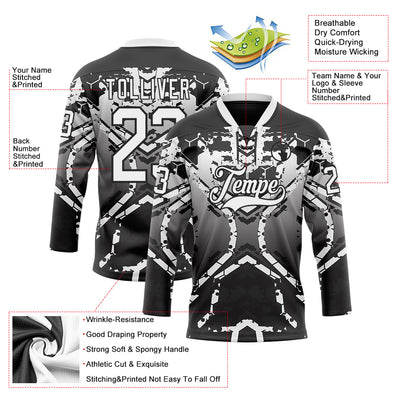Custom Black White-Gray 3D Pattern Abstract Gradient Hockey Lace Neck Jersey