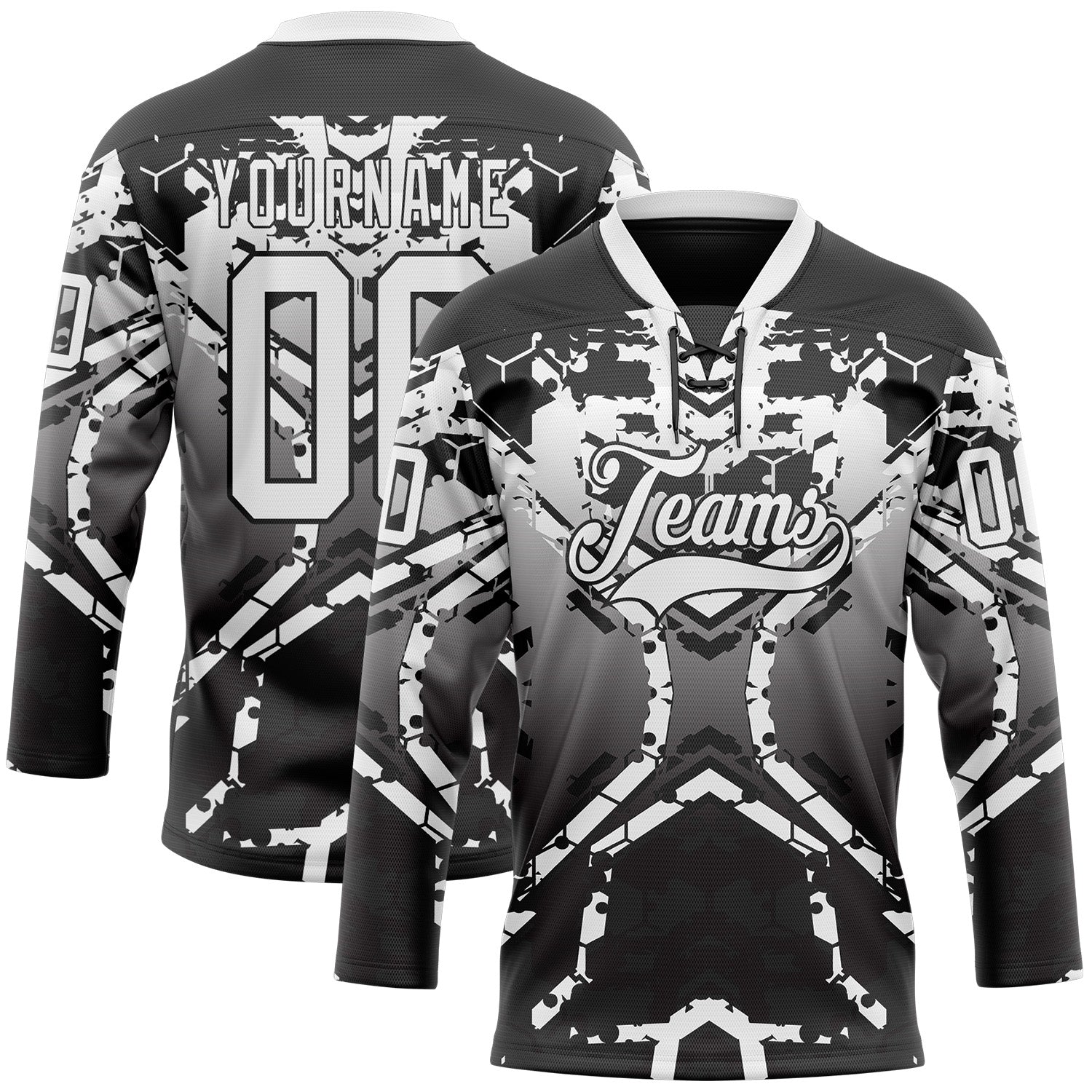 Custom Black White-Gray 3D Pattern Abstract Gradient Hockey Lace Neck Jersey
