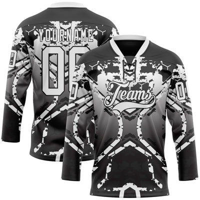 Custom Black White-Gray 3D Pattern Abstract Gradient Hockey Lace Neck Jersey