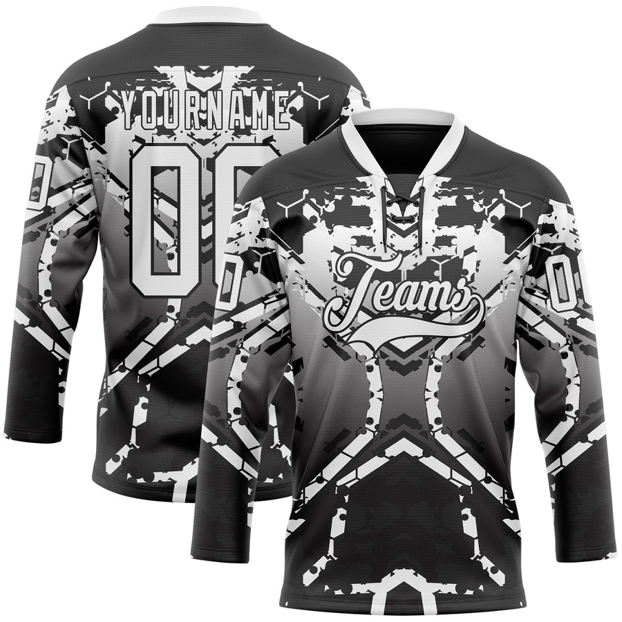 Custom Black White-Gray 3D Pattern Abstract Gradient Hockey Lace Neck Jersey