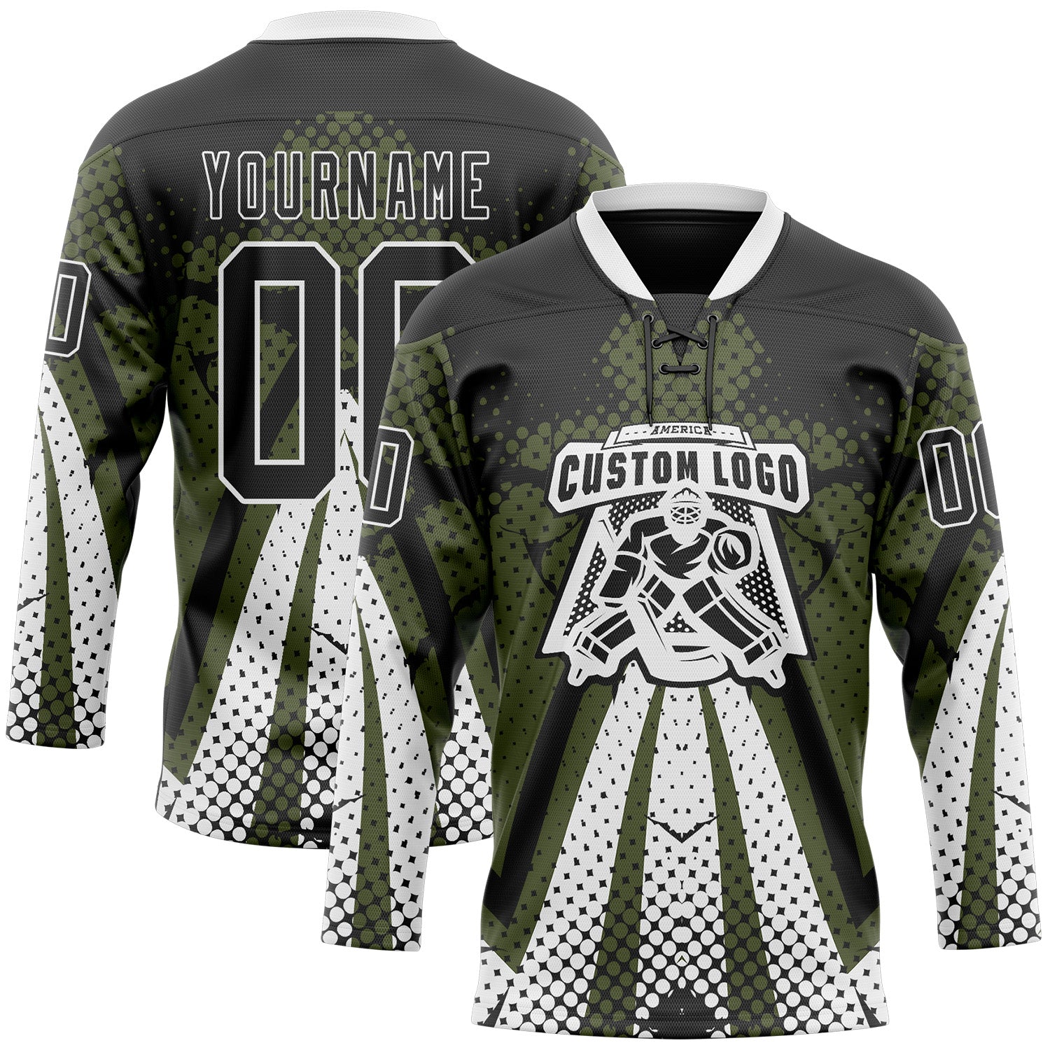 Custom Olive Black-White 3D Pattern Abstract Hockey Lace Neck Jersey