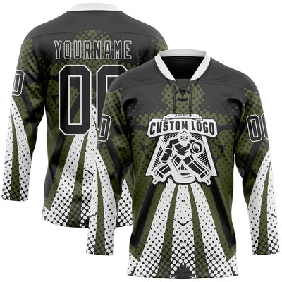 Custom Olive Black-White 3D Pattern Abstract Hockey Lace Neck Jersey