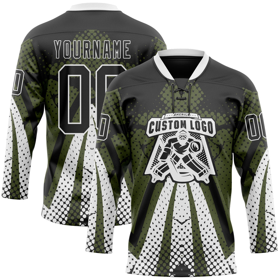 Custom Olive Black-White 3D Pattern Abstract Hockey Lace Neck Jersey