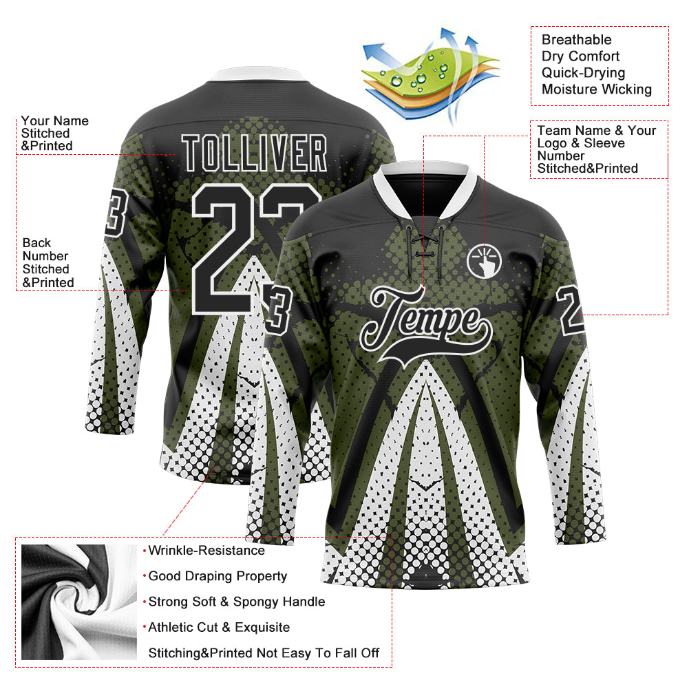 Custom Olive Black-White 3D Pattern Abstract Hockey Lace Neck Jersey