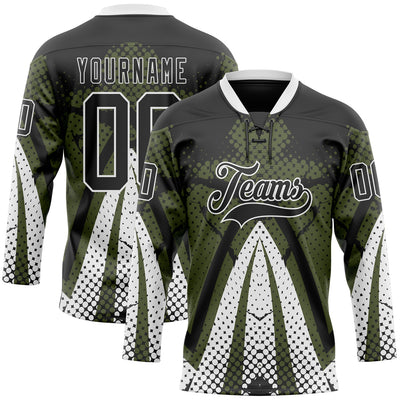 Custom Olive Black-White 3D Pattern Abstract Hockey Lace Neck Jersey