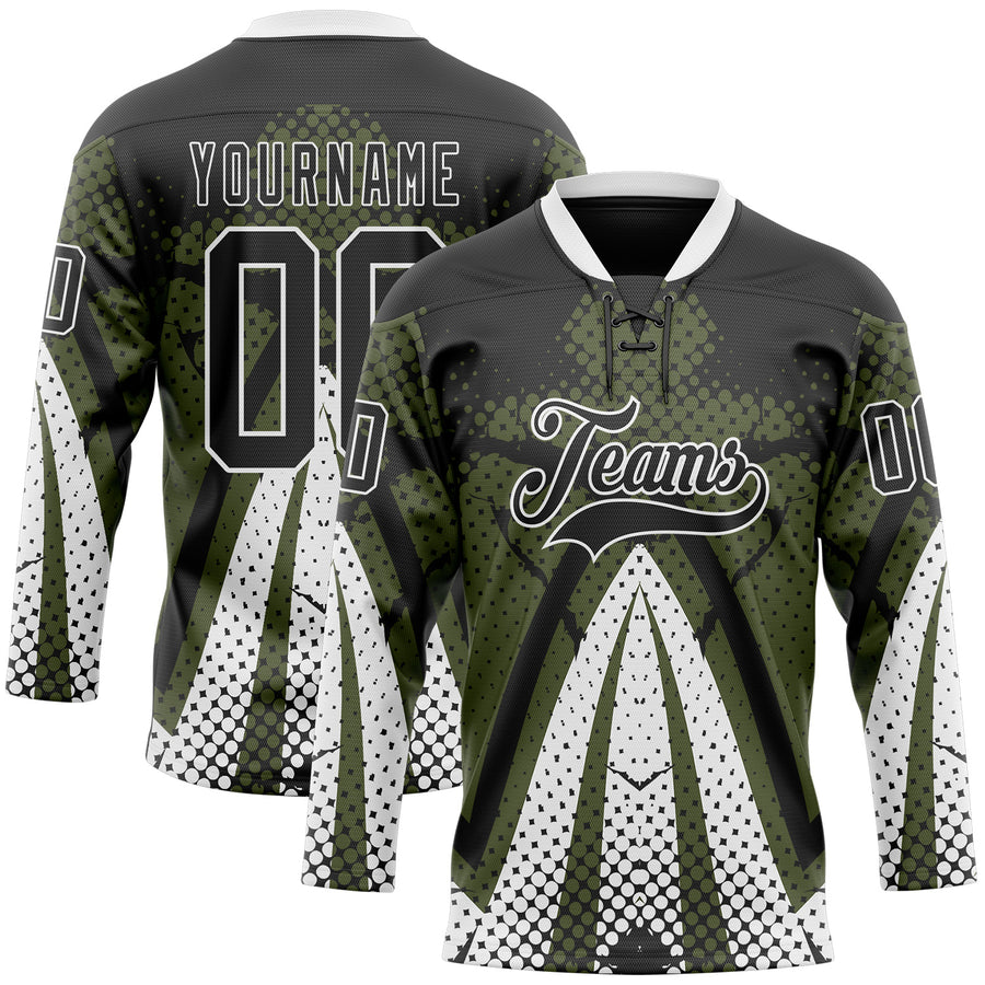 Custom Olive Black-White 3D Pattern Abstract Hockey Lace Neck Jersey