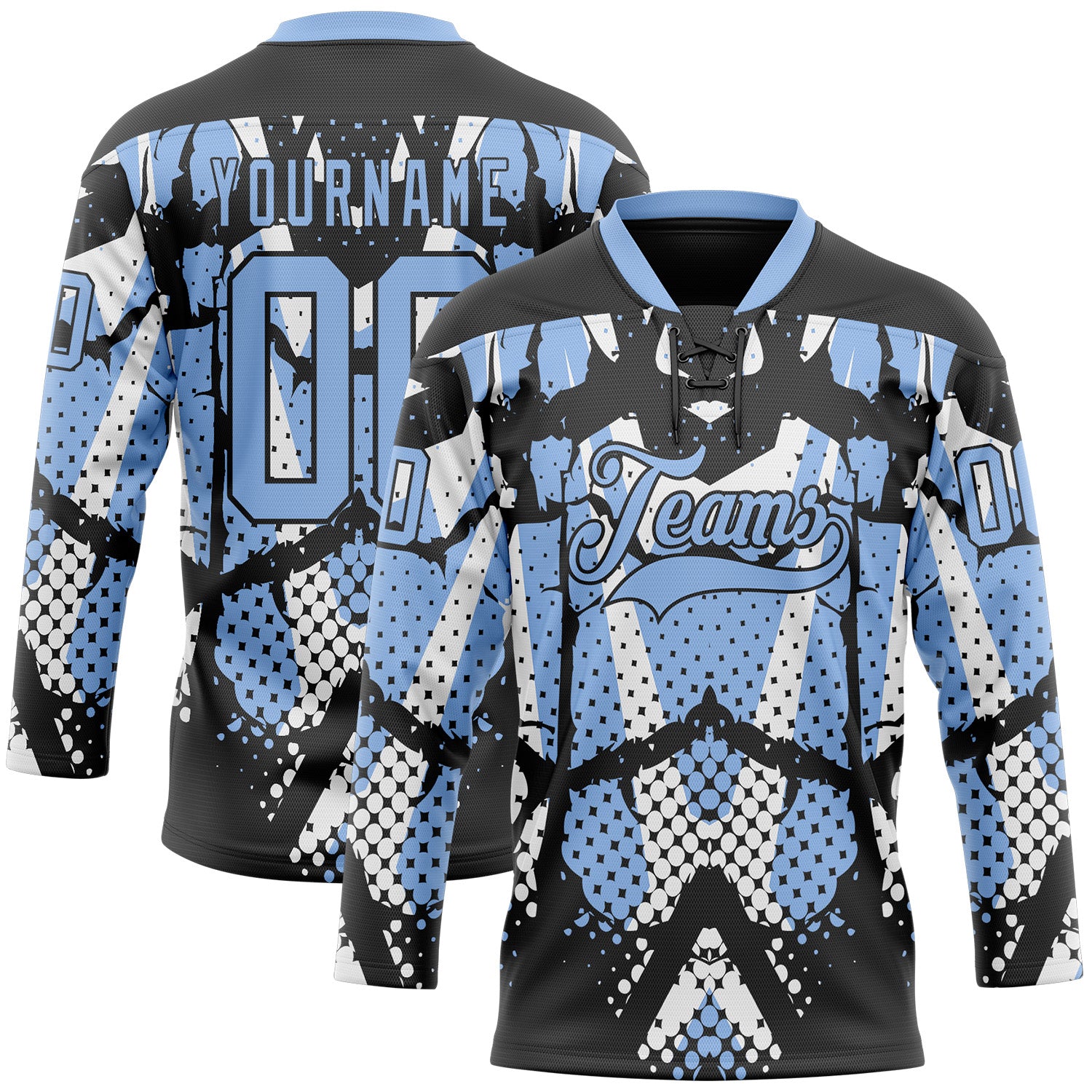 Custom Light Blue Black-White 3D Pattern Abstract Hockey Lace Neck Jersey