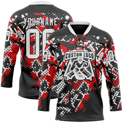 Custom Black White-Fire Red 3D Pattern Abstract Grunge Hockey Lace Neck Jersey