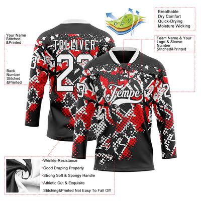 Custom Black White-Fire Red 3D Pattern Abstract Grunge Hockey Lace Neck Jersey
