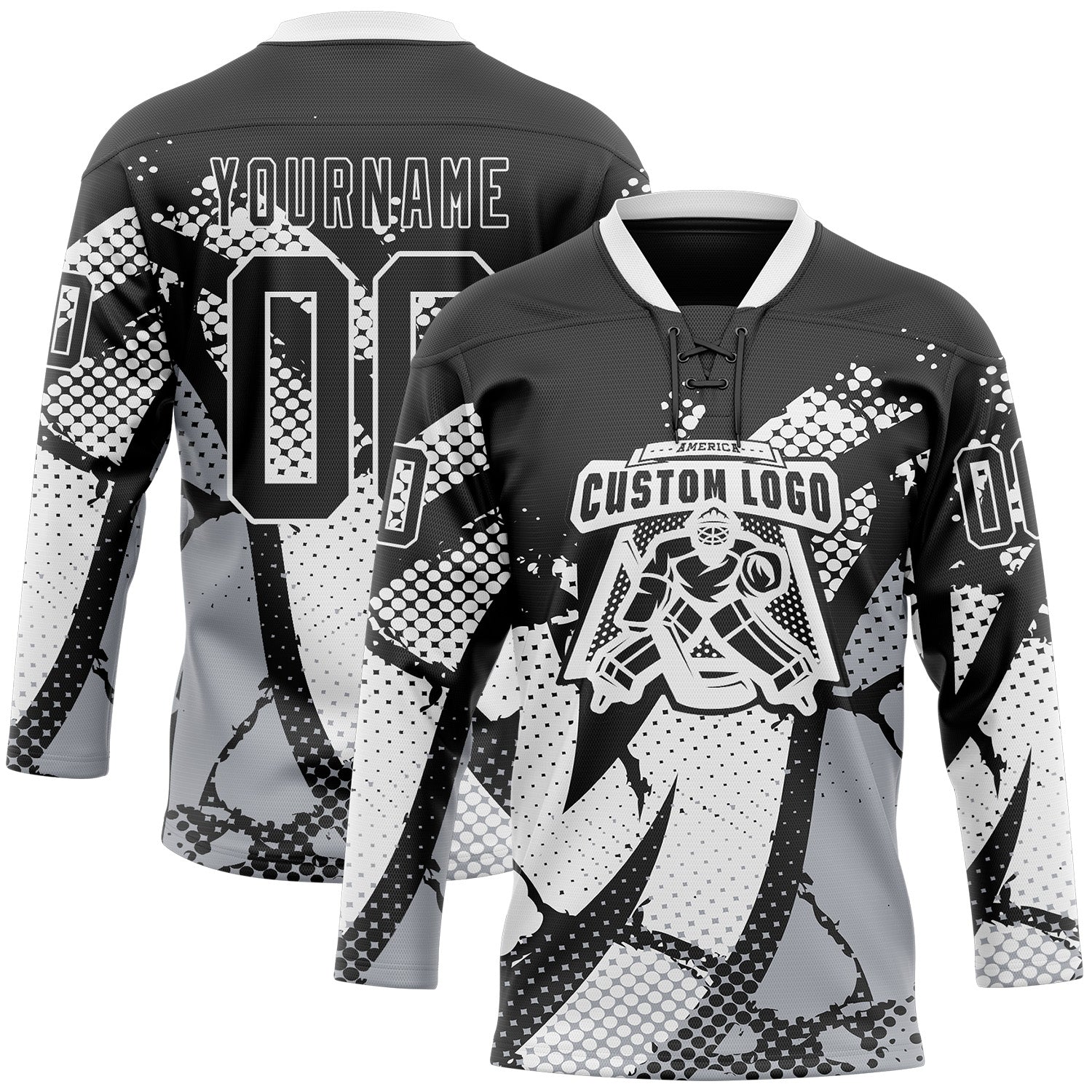 Custom Black Gray-White 3D Pattern Abstract Hockey Lace Neck Jersey