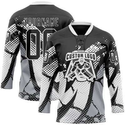 Custom Black Gray-White 3D Pattern Abstract Hockey Lace Neck Jersey