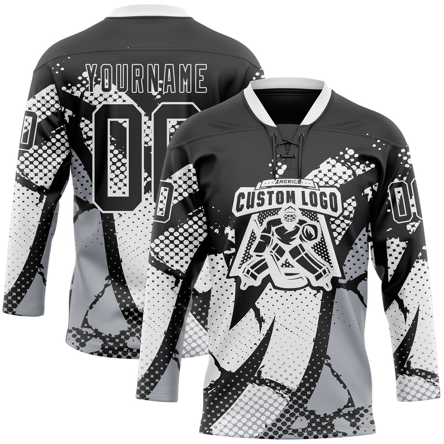Custom Black Gray-White 3D Pattern Abstract Hockey Lace Neck Jersey