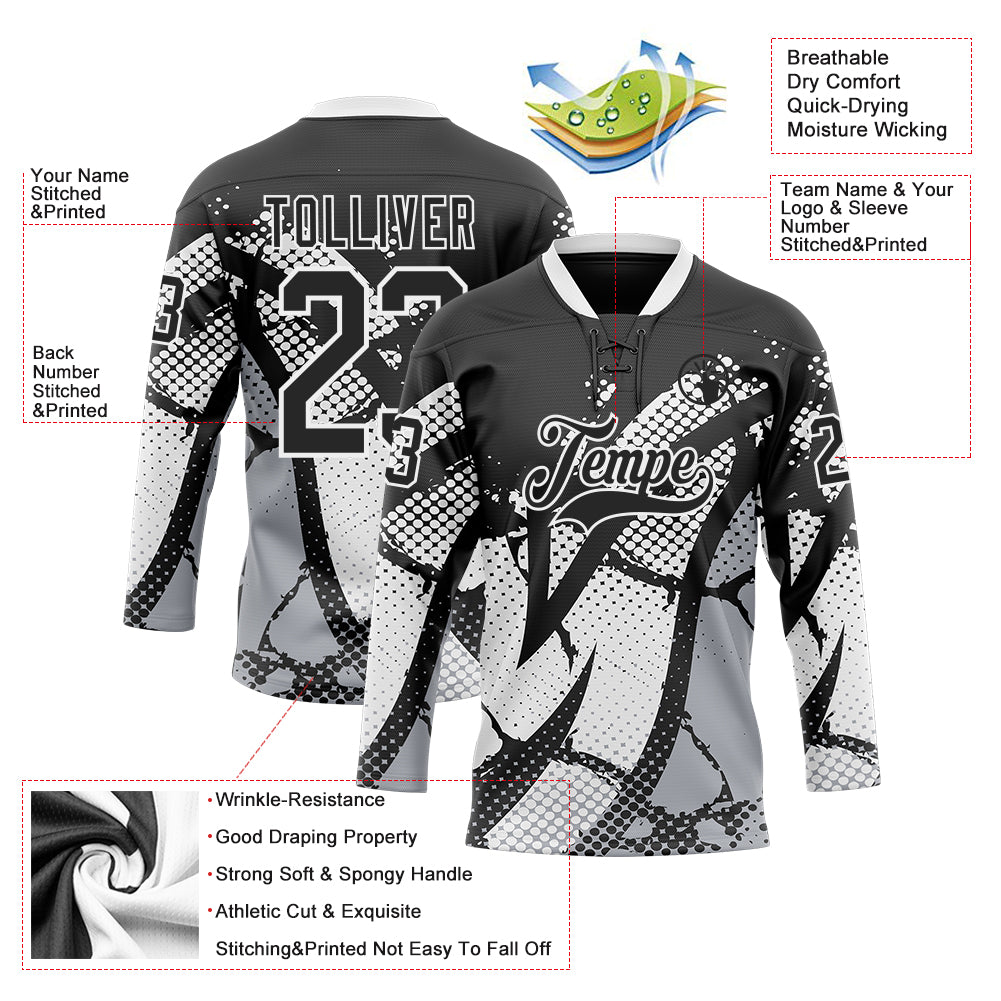 Custom Black Gray-White 3D Pattern Abstract Hockey Lace Neck Jersey