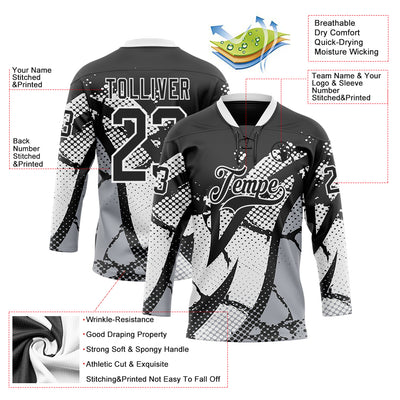 Custom Black Gray-White 3D Pattern Abstract Hockey Lace Neck Jersey