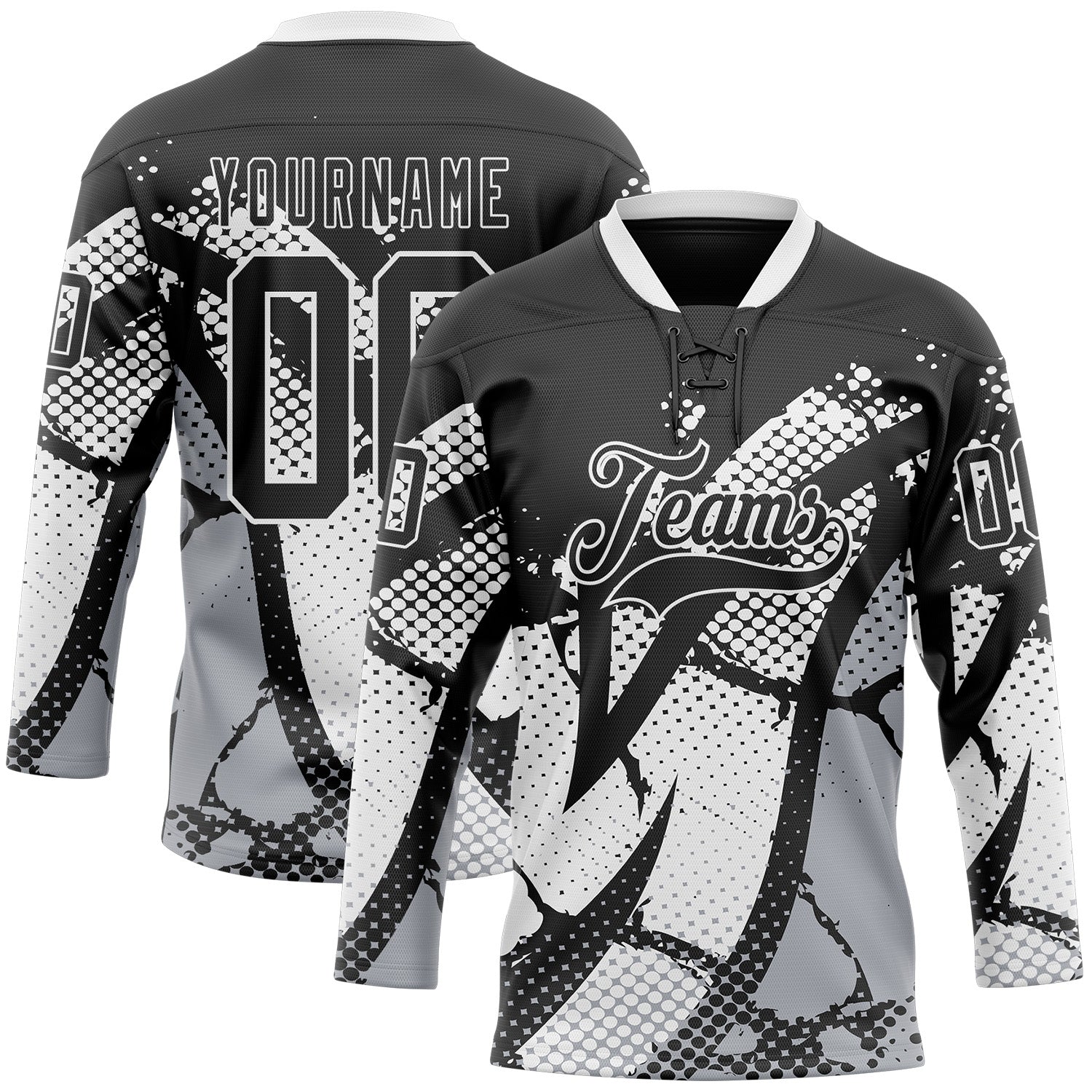 Custom Black Gray-White 3D Pattern Abstract Hockey Lace Neck Jersey