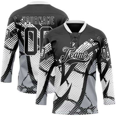 Custom Black Gray-White 3D Pattern Abstract Hockey Lace Neck Jersey