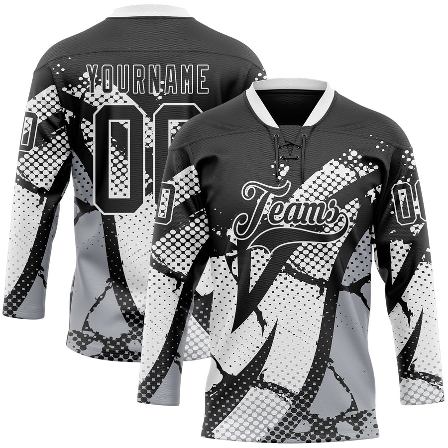 Custom Black Gray-White 3D Pattern Abstract Hockey Lace Neck Jersey