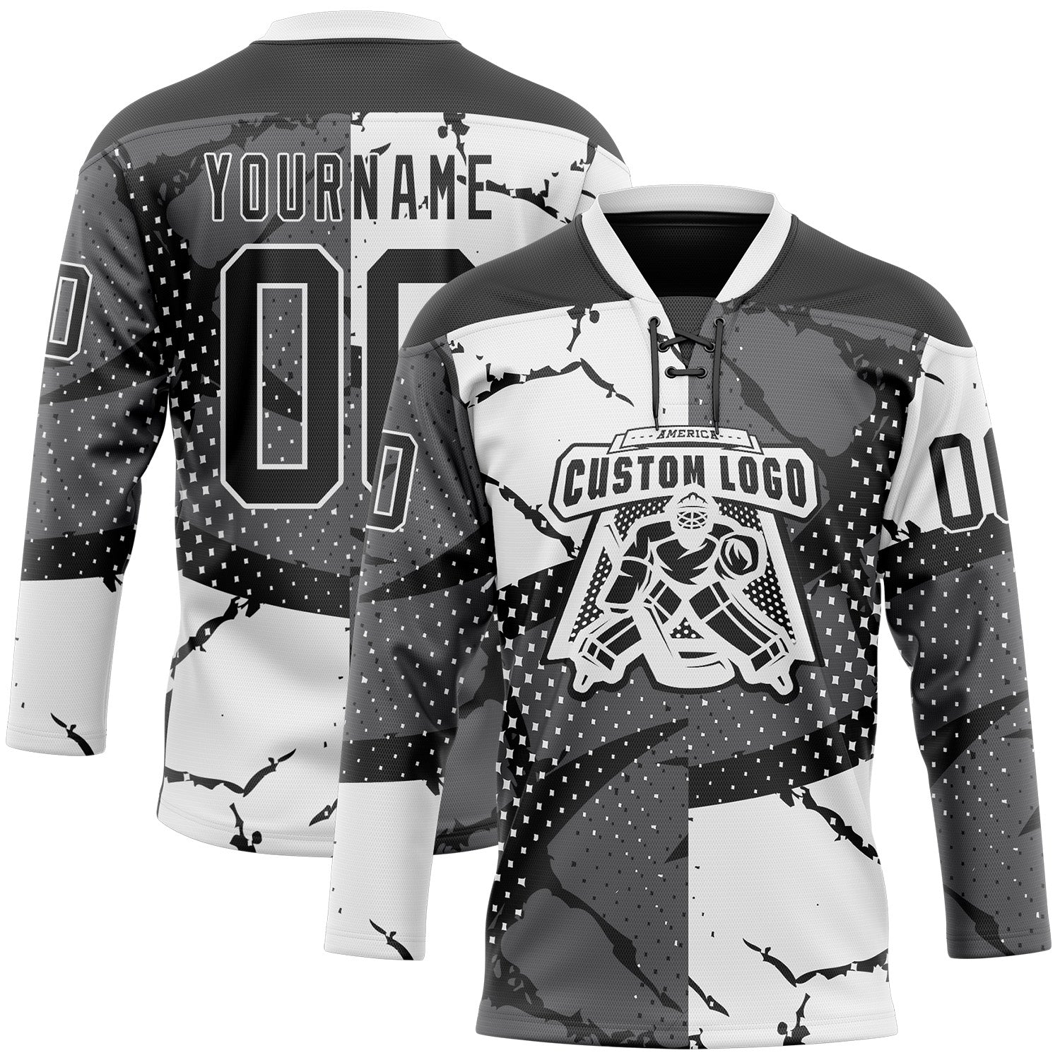 Custom Black Gray-White 3D Pattern Abstract Split Hockey Lace Neck Jersey
