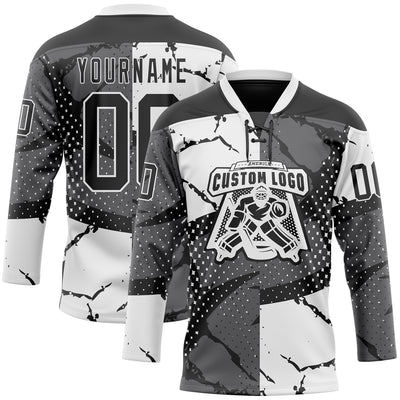Custom Black Gray-White 3D Pattern Abstract Split Hockey Lace Neck Jersey